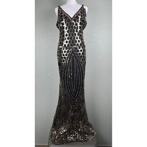 VIJIV Art Deco Sequin Gown Size S Gold Black Great Gatsby Flapper Mermaid Dress